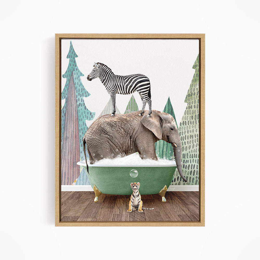 A zebra stands on the back of an elephant, which is submerged in a green bathtub, with a tiger sitting nearby.