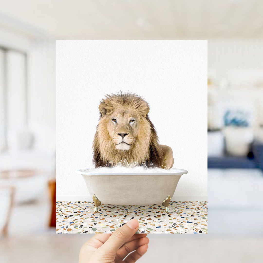 A lion sitting in a bathtub filled with water, surrounded by a mosaic floor.