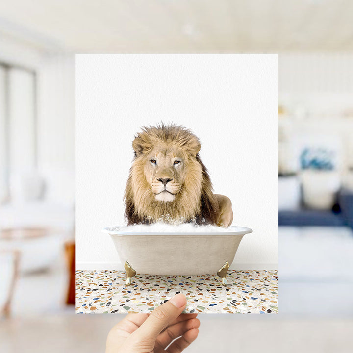 A lion sitting in a bathtub filled with water, surrounded by a mosaic floor.