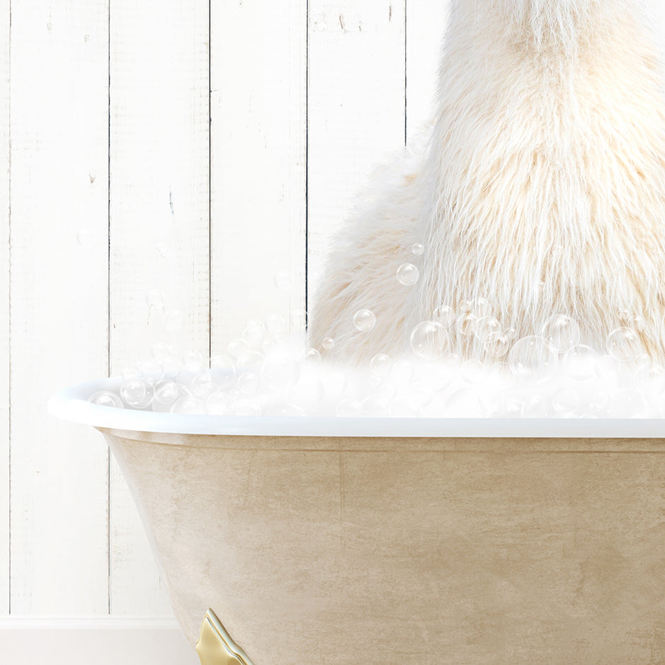 a polar bear sitting in a bathtub with bubbles