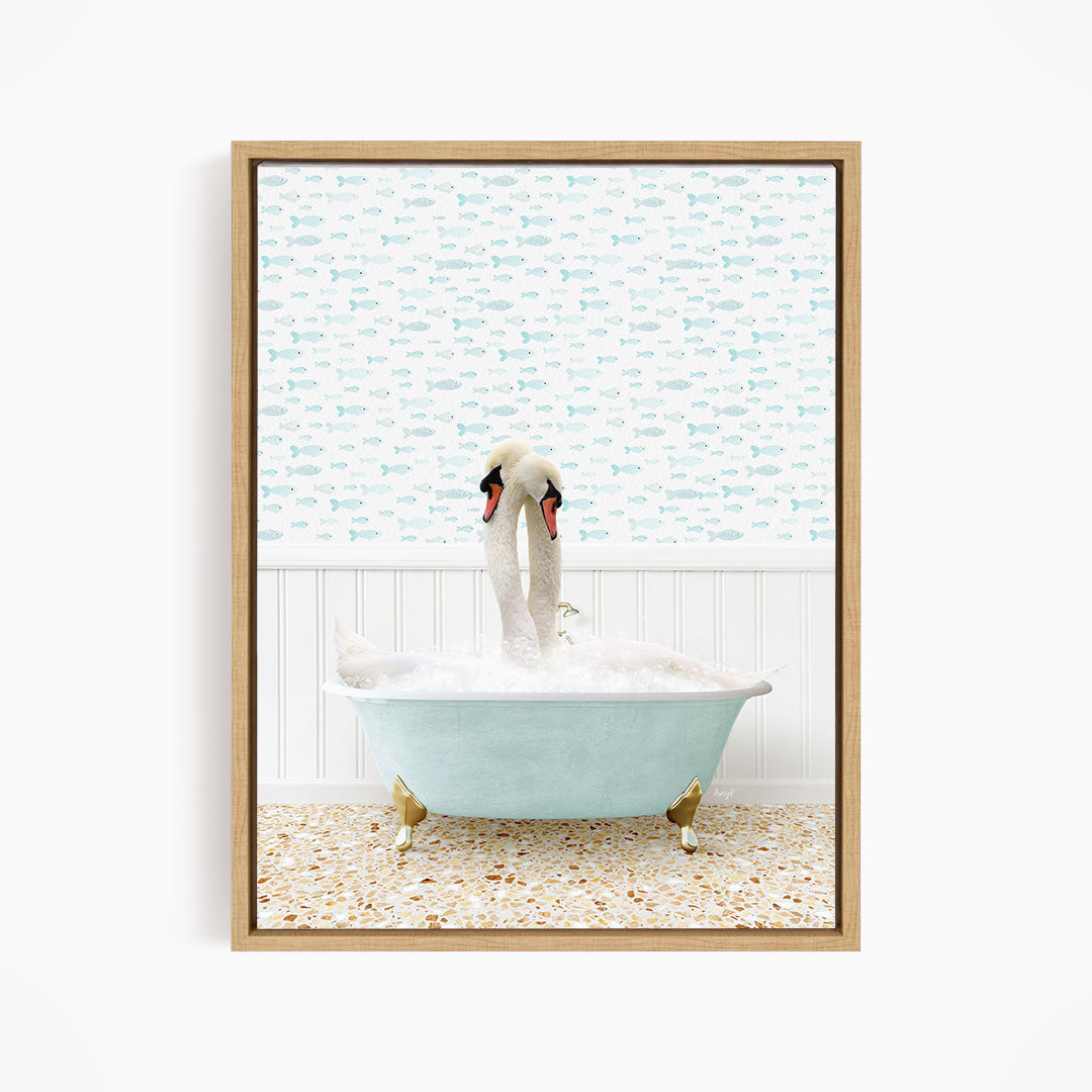 A white swan standing in a light blue bathtub filled with bubbles, with a patterned wall behind it.