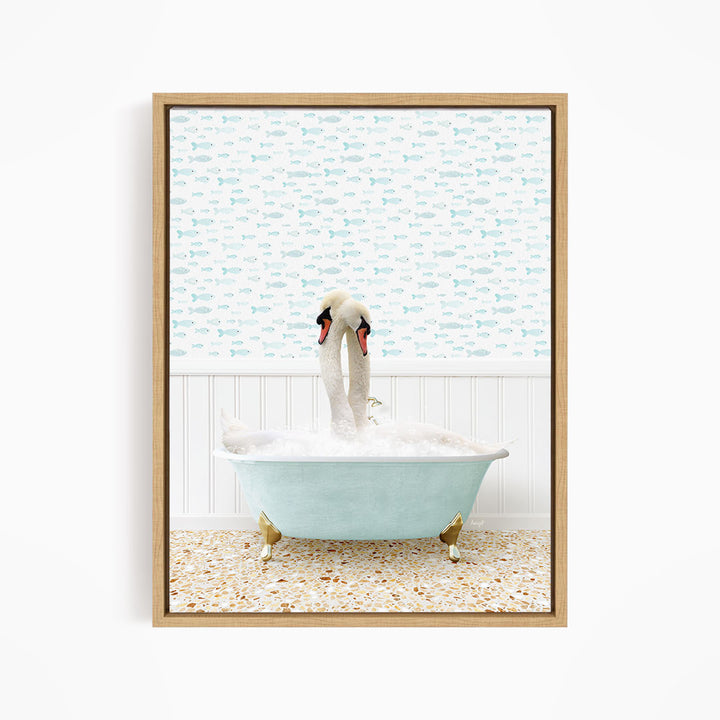 A white swan standing in a light blue bathtub filled with bubbles, with a patterned wall behind it.