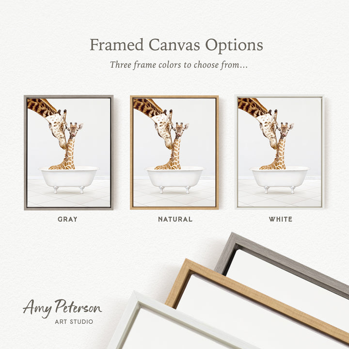 The image is a framed canvas option featuring three different colored frames, each containing a photograph of a giraffe in a bathtub.