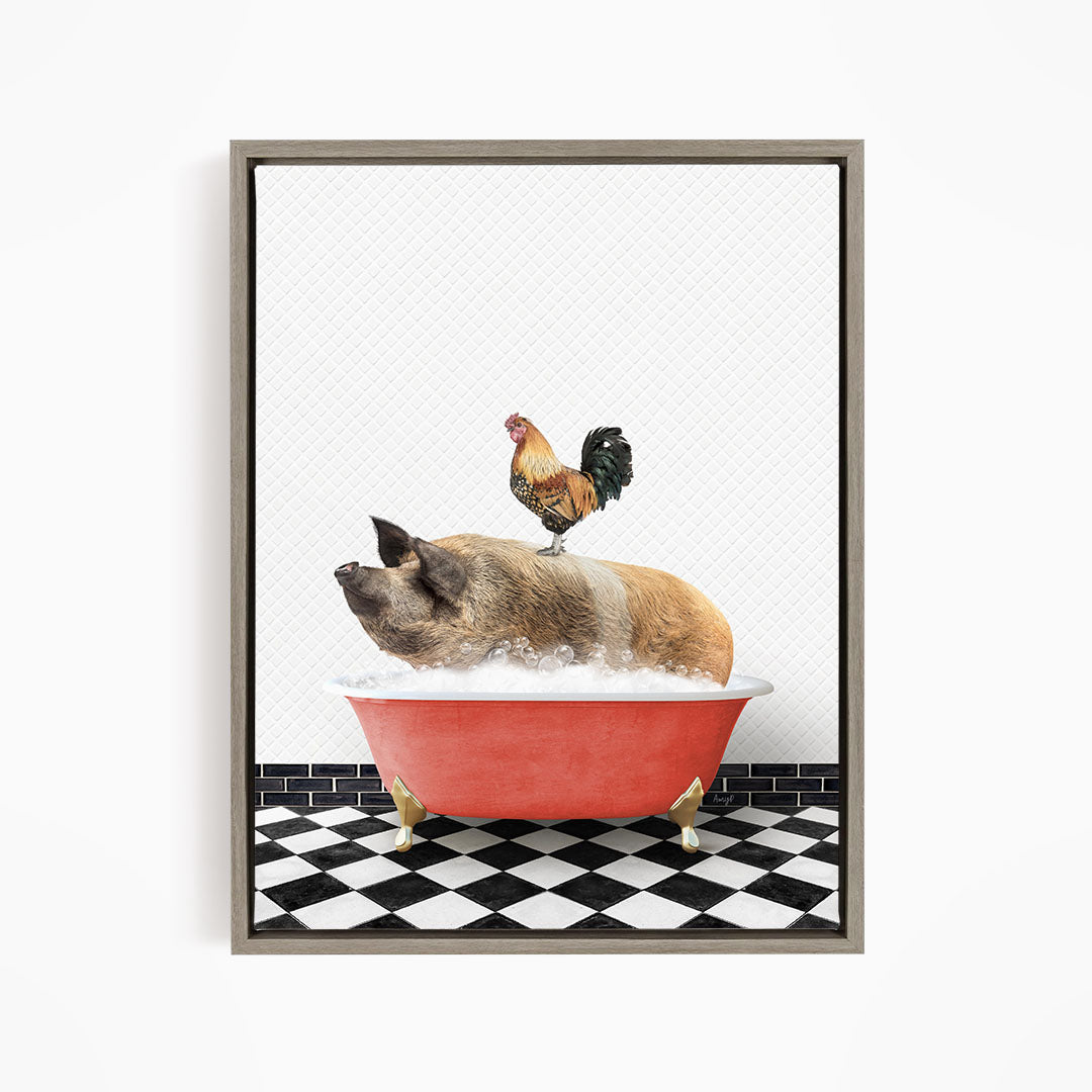A rooster stands on a pig's back while the pig is submerged in a red bathtub, creating a whimsical and humorous scene.