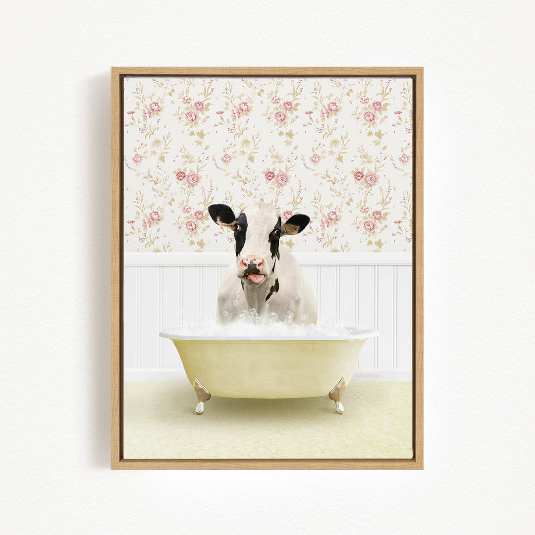 A cow is sitting in a bathtub filled with water, surrounded by a floral wallpaper.