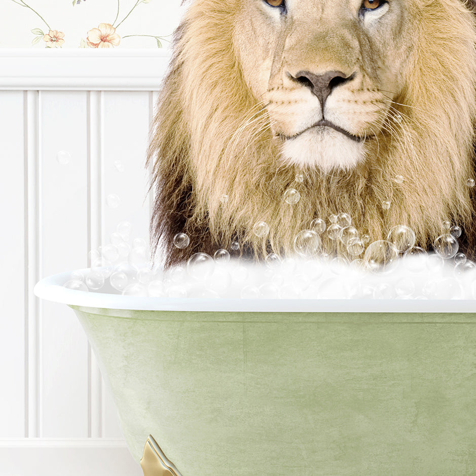 a lion is sitting in a bathtub with bubbles