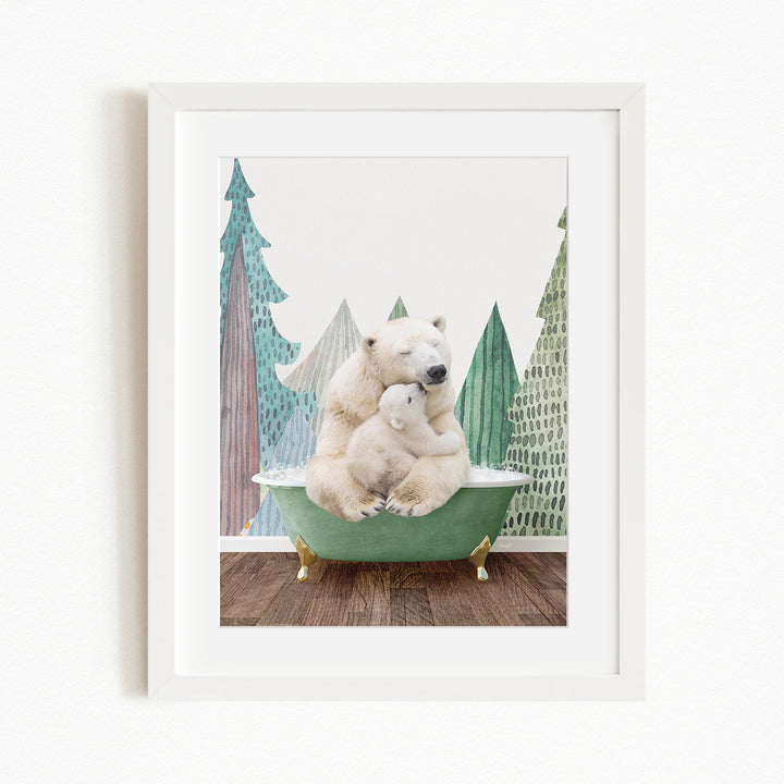 A framed image depicting two polar bears sitting in a green bathtub, with a snowy landscape in the background.