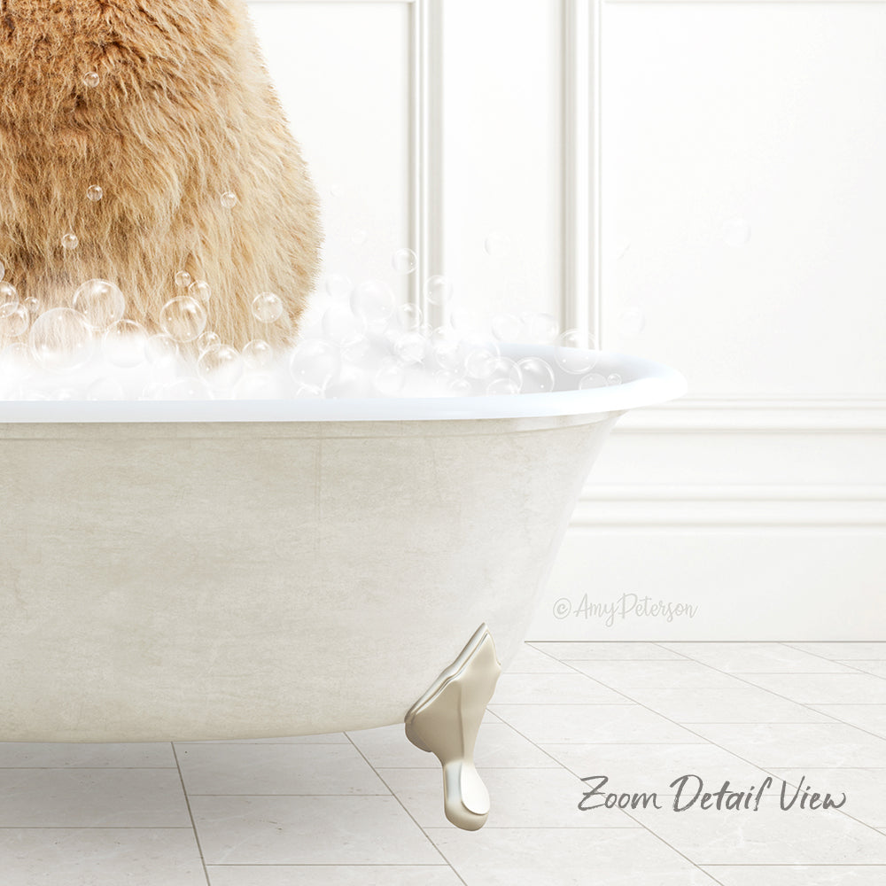 A fluffy brown cat is sitting in a white bathtub filled with bubbles, creating a playful and whimsical scene.