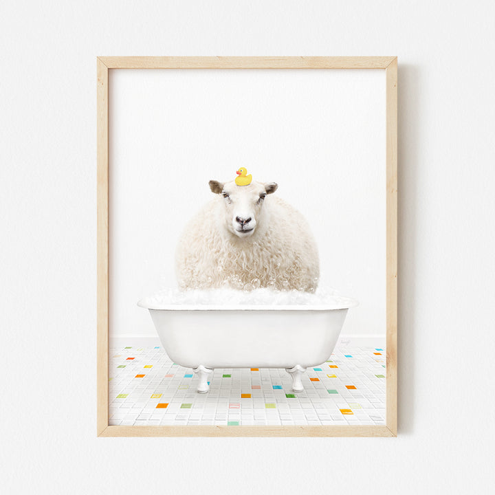 a sheep in a bathtub with a crown on its head