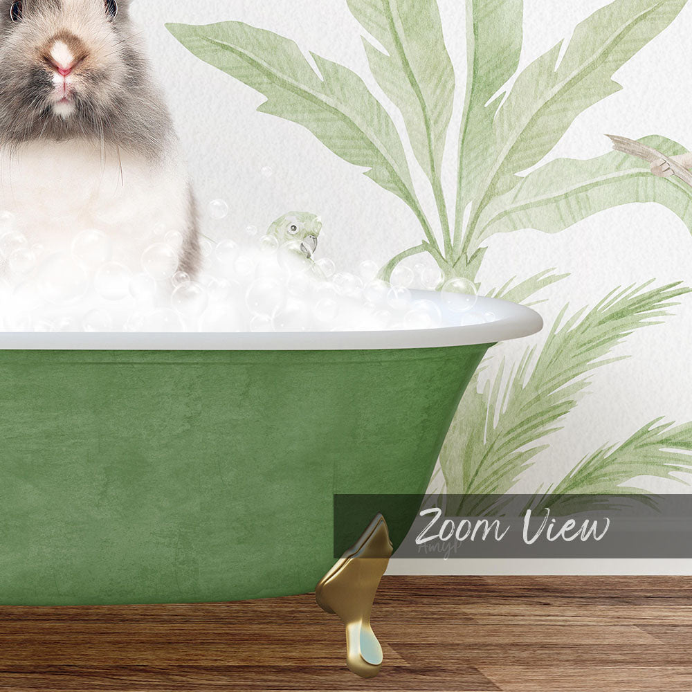 A fluffy white rabbit sitting in a green bathtub filled with bubbles, with a palm tree and bird in the background.
