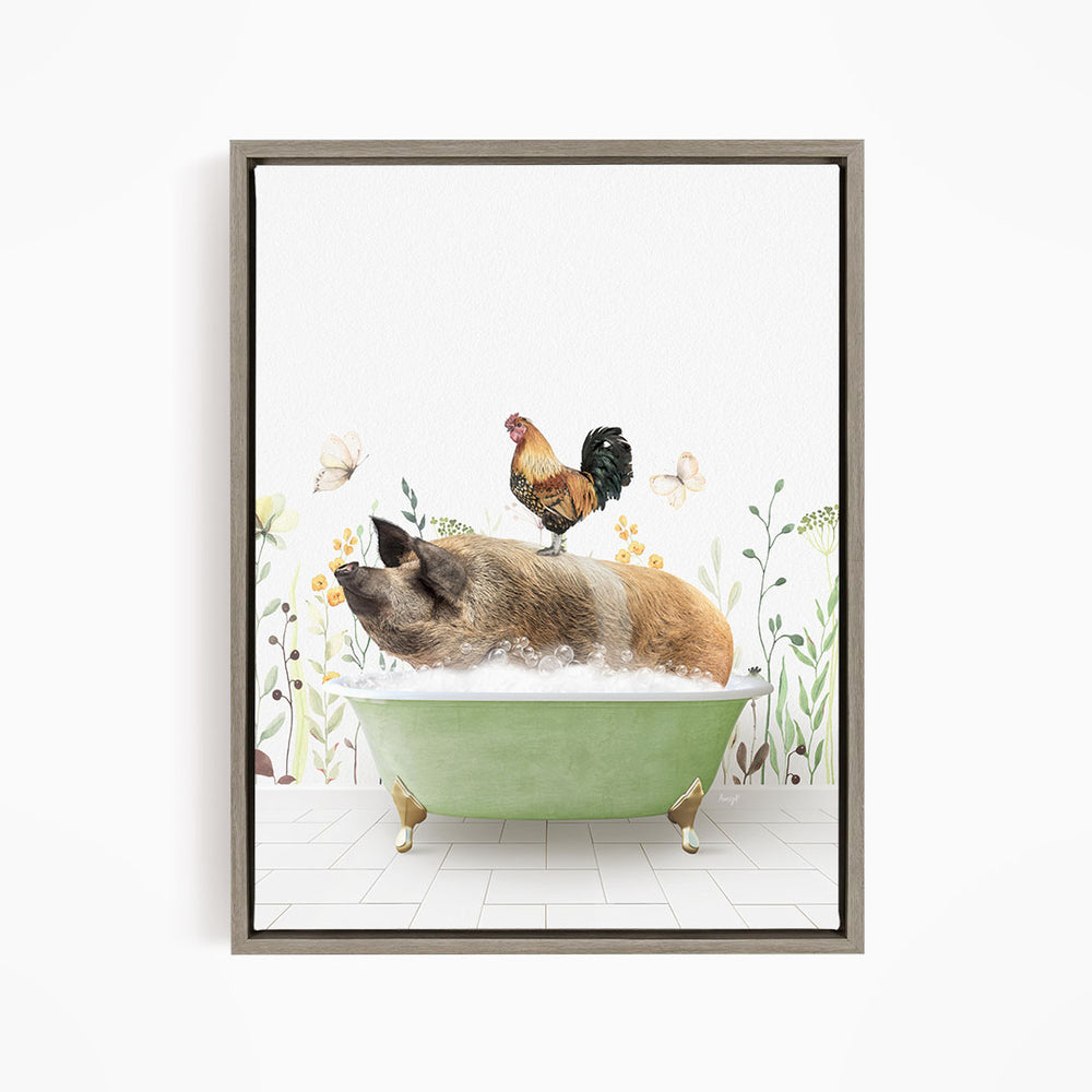 A pig is sitting in a green bathtub, surrounded by flowers and butterflies, with a rooster perched on its back.