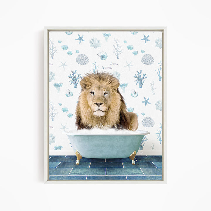A lion is sitting in a blue bathtub filled with bubbles, surrounded by a pattern of seashells and starfish.
