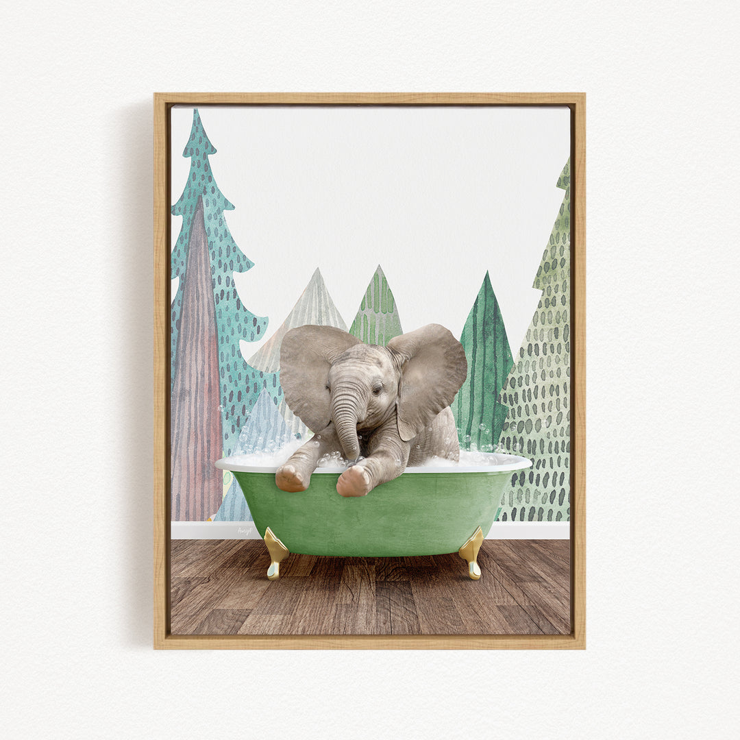 A baby elephant sitting in a green bathtub, surrounded by a forest-themed background.