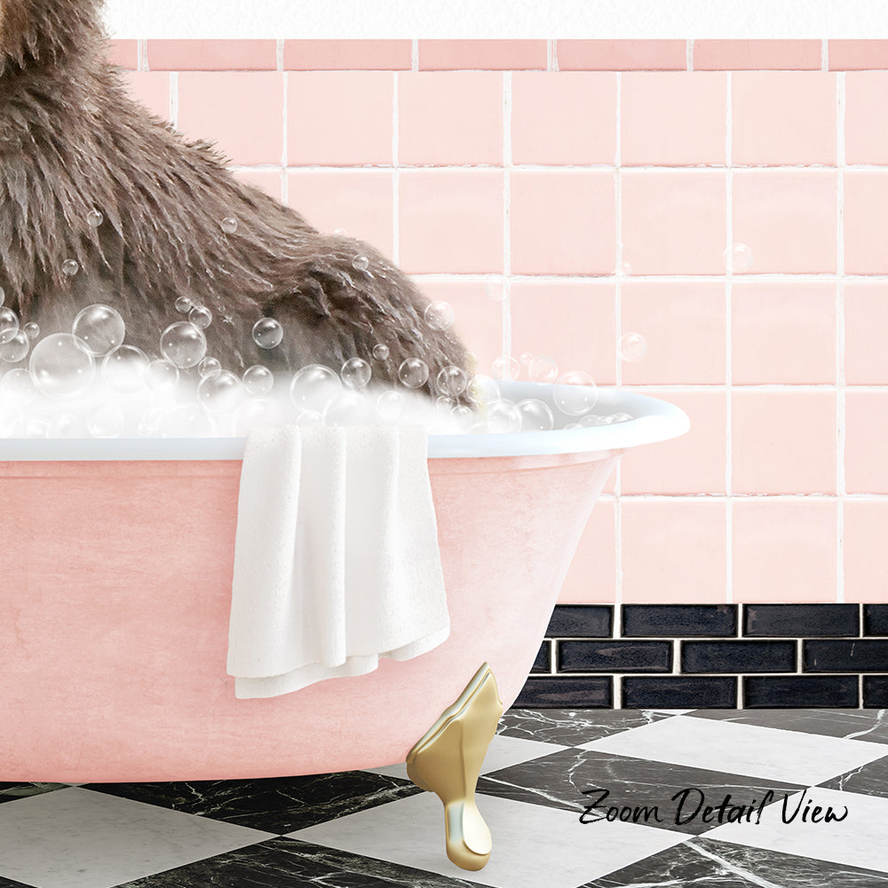 A fluffy brown dog is sitting in a pink bathtub filled with bubbles, with a white towel hanging on the side and a pink and black checkered floor in the background.