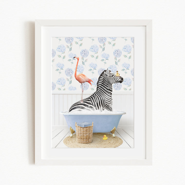 A zebra is sitting in a blue bathtub, with a pink flamingo standing on its back and a basket of yellow rubber ducks nearby.