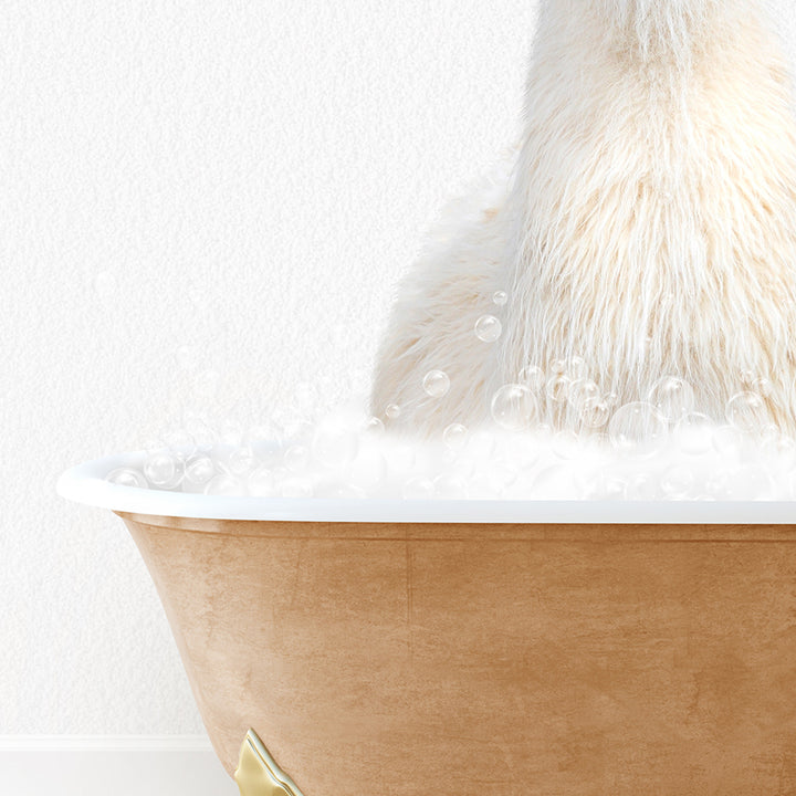 a polar bear sitting in a bathtub full of bubbles