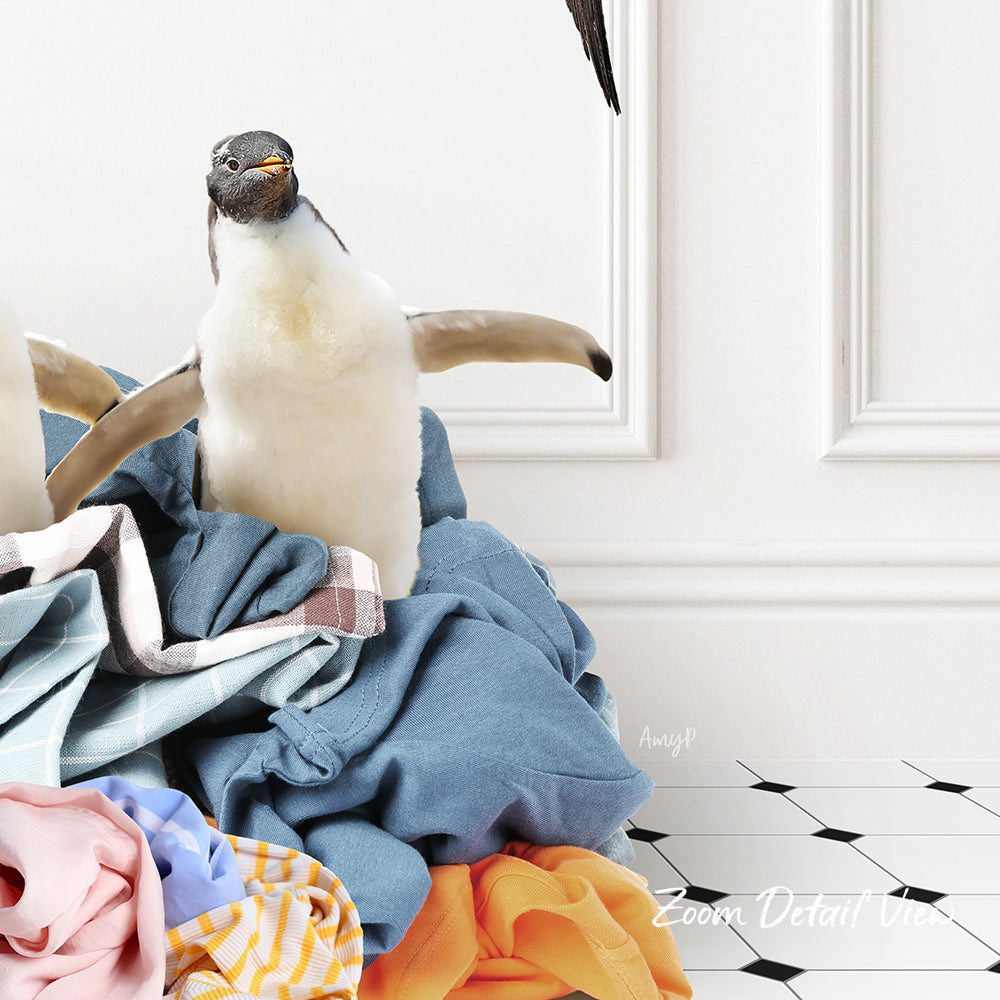 A penguin standing on a pile of clothes, with a white wall and black and white tiled floor in the background.