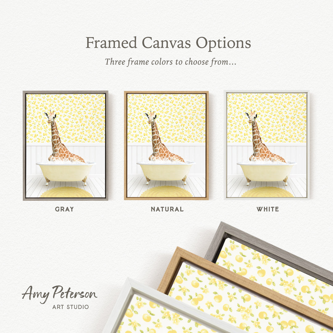 The image is a framed canvas option featuring three different framed pictures of a giraffe in a bathtub, each with a different frame color: gray, natural, and white.