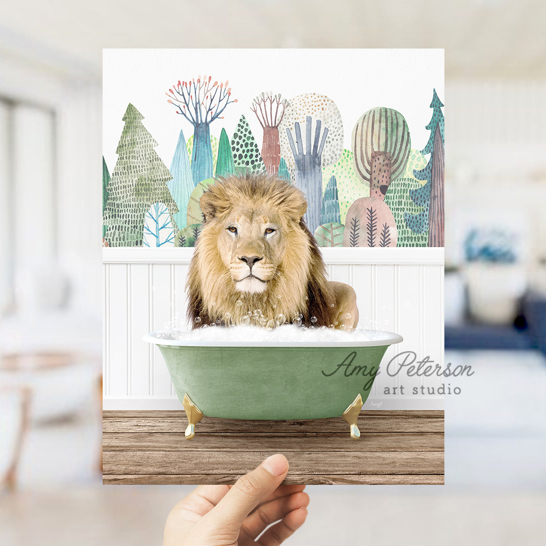 a hand holding a card with a picture of a lion in a bathtub