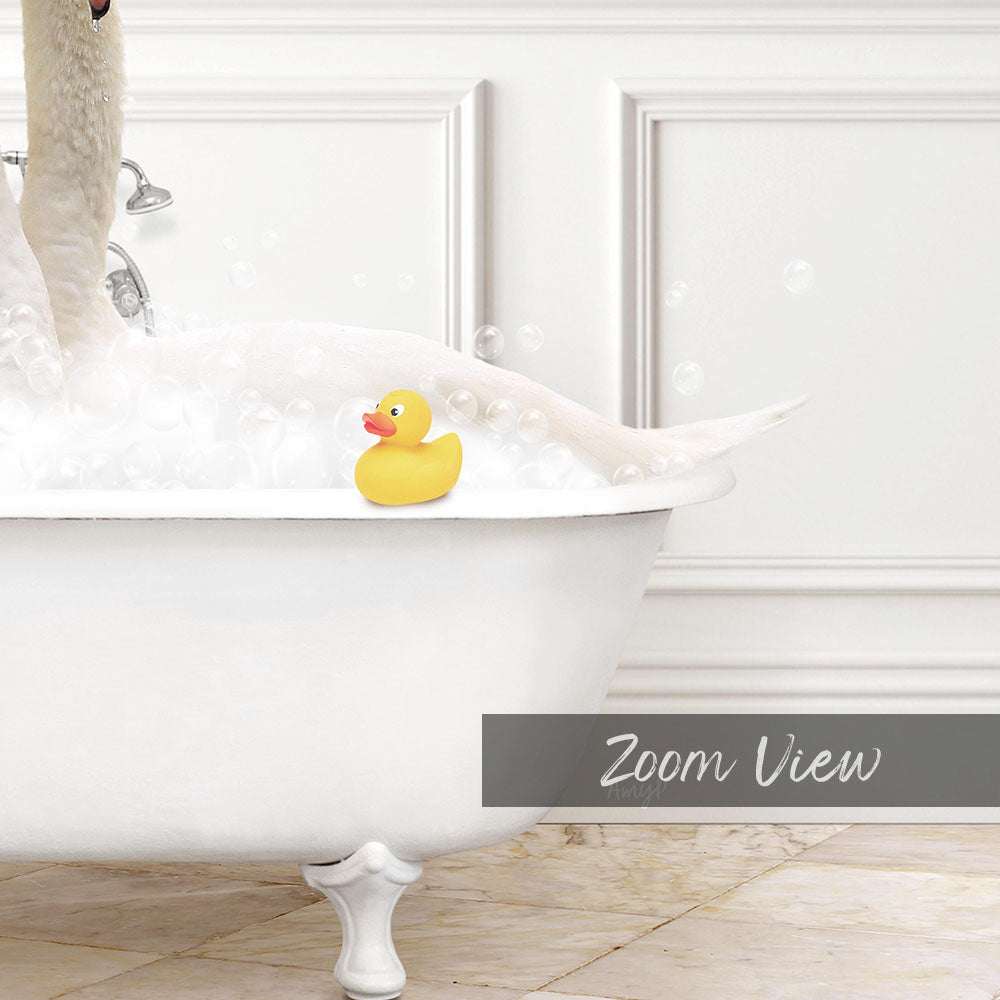 A yellow rubber duck sitting in a white bathtub filled with bubbles, with a white wall and text overlay in the background.