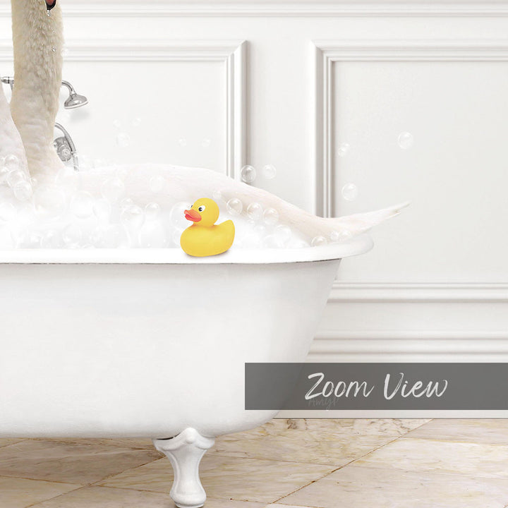 A yellow rubber duck sitting in a white bathtub filled with bubbles, with a white wall and text overlay in the background.