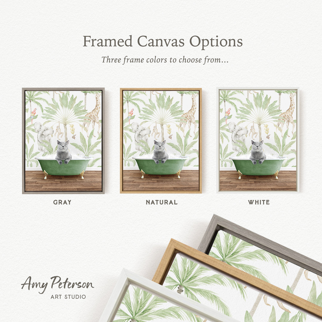 three framed canvas options, each featuring a different color and frame style. The options include a gray frame, a natural frame, and a white frame, each with a different background design.