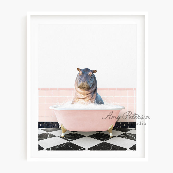 a hippo sitting in a bathtub with a pink tile wall behind it