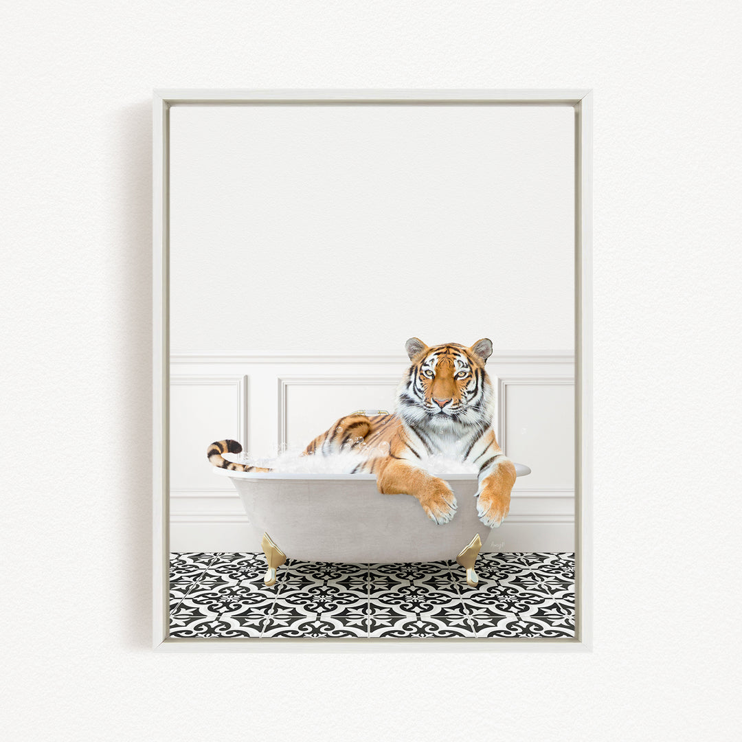 A tiger is sitting in a white bathtub filled with water, surrounded by a black and white patterned floor.