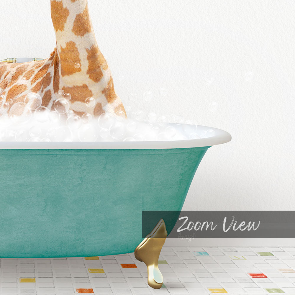 A giraffe is standing in a green bathtub filled with bubbles, creating a whimsical and playful scene.