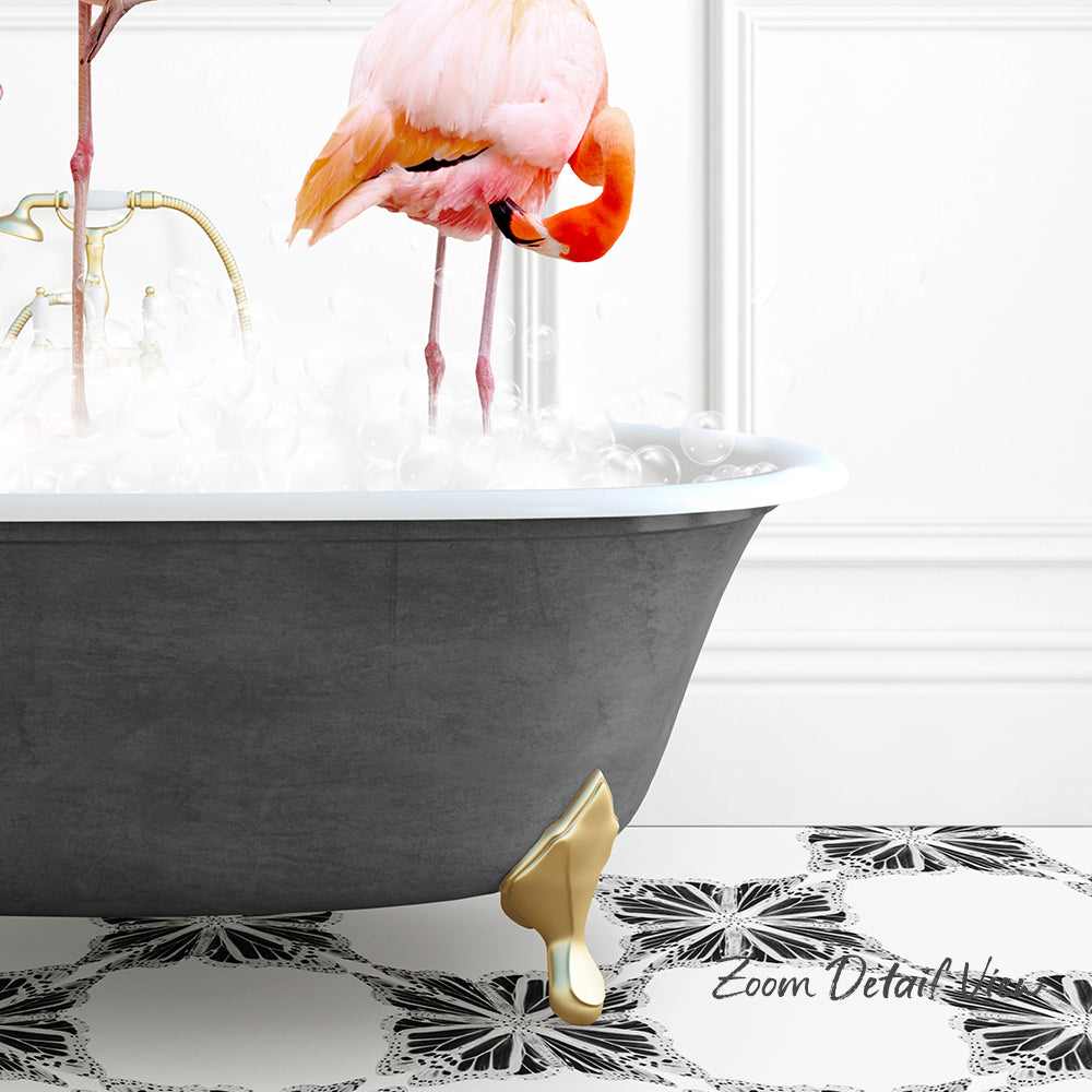 A pink flamingo standing in a bathtub filled with water, with a black and white patterned floor in the foreground.
