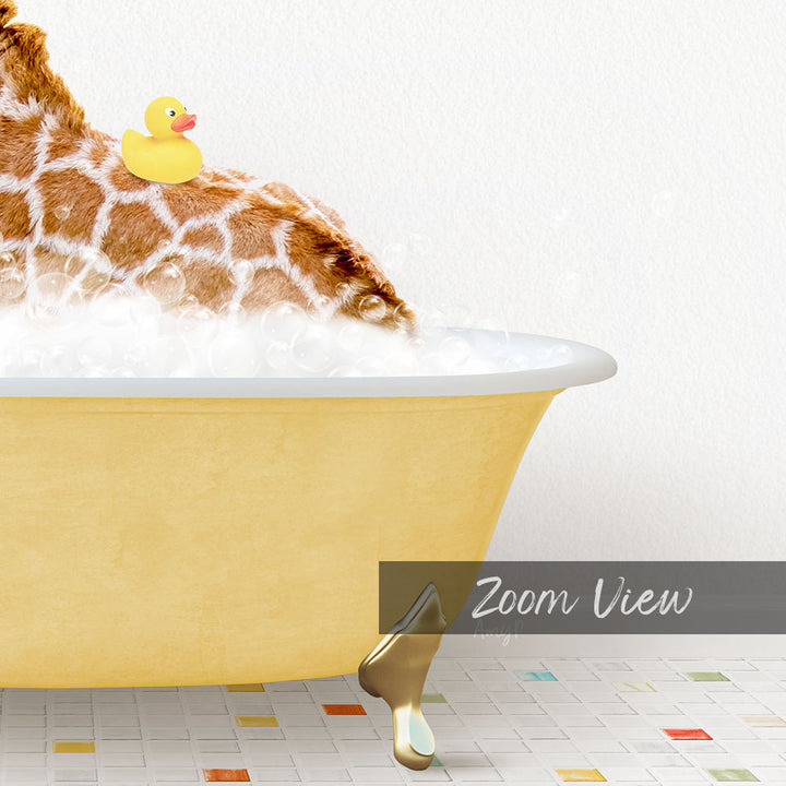 A giraffe is sitting in a yellow bathtub filled with bubbles, with a rubber duck floating on the water.