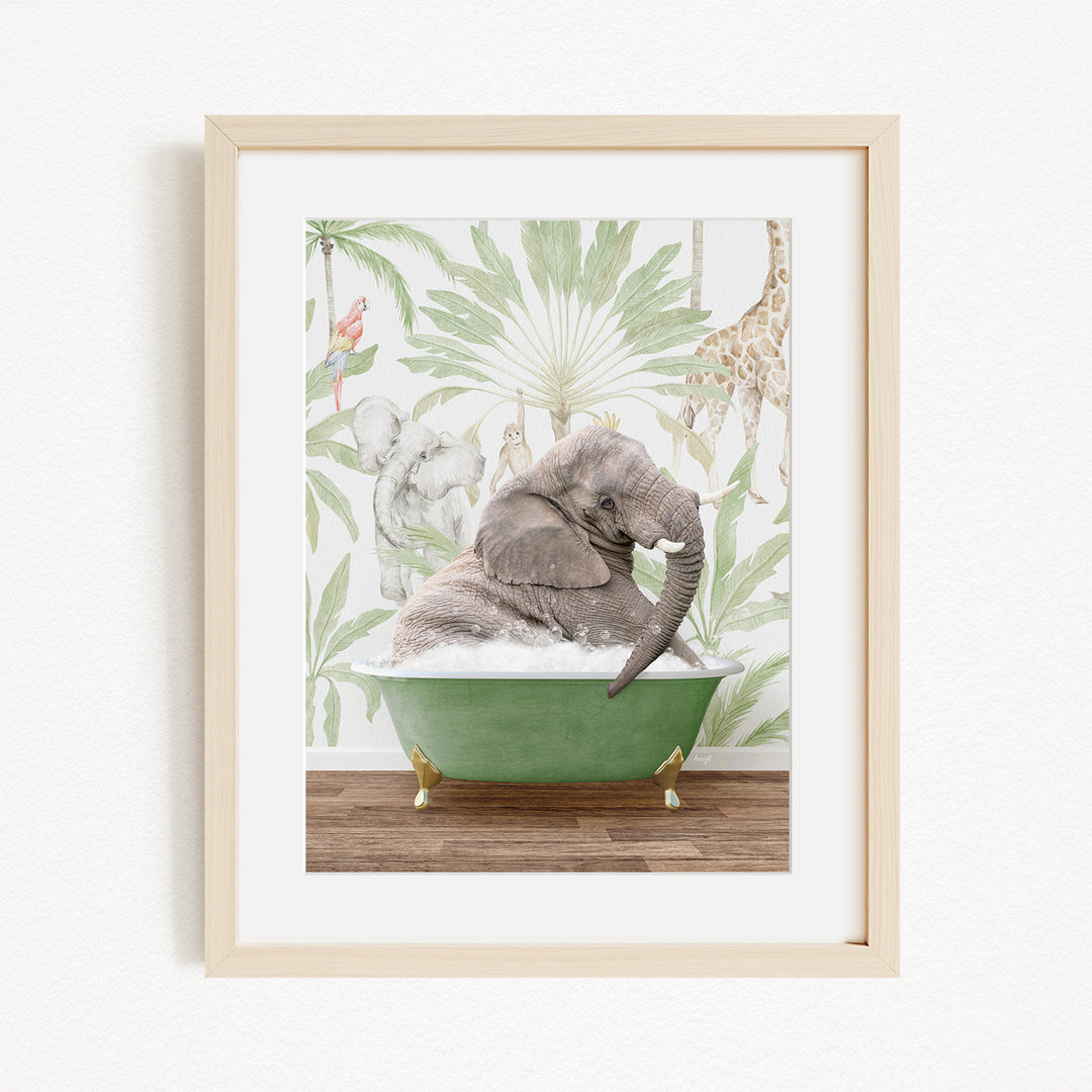 A framed image depicting a gray elephant sitting in a green bathtub, surrounded by tropical foliage and other animals.