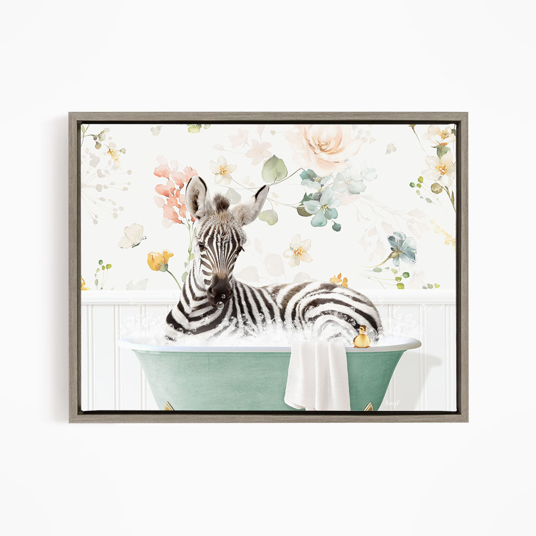 A zebra is sitting in a green bathtub filled with water, surrounded by a floral pattern.