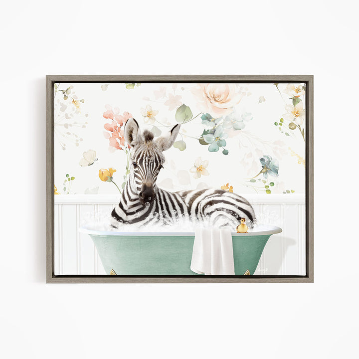 A zebra is sitting in a green bathtub filled with water, surrounded by a floral pattern.