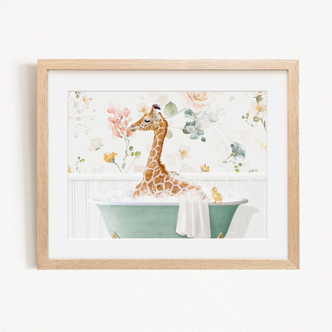A giraffe sitting in a green bathtub filled with bubbles, surrounded by flowers and birds.