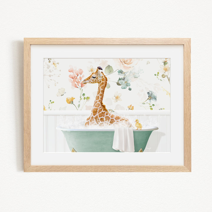 A giraffe sitting in a green bathtub filled with bubbles, surrounded by flowers and birds.