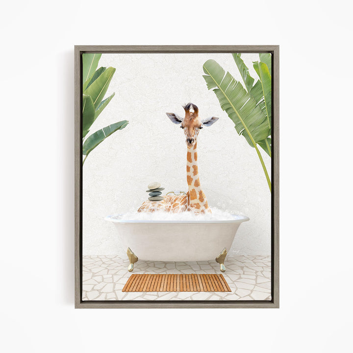 A giraffe sitting in a bathtub filled with water, surrounded by palm leaves, creating a whimsical and playful scene.