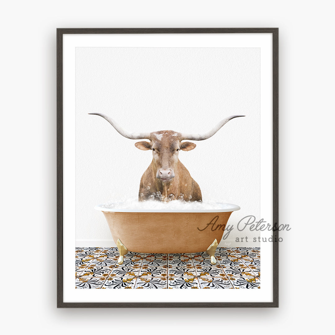 a picture of a cow in a bathtub with long horns