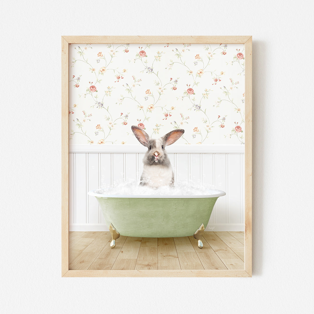 a rabbit sitting in a bathtub with flowers on the wall behind it