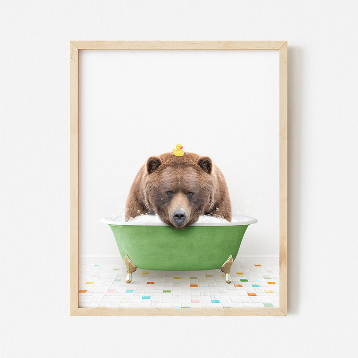 a bear is taking a bath in a green bathtub