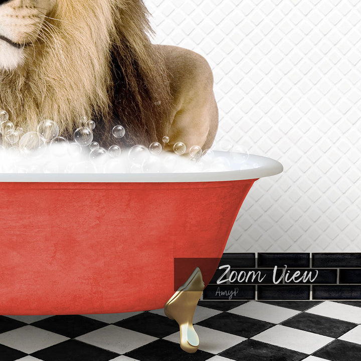 A lion is sitting in a red bathtub filled with bubbles, with a black and white checkered floor and a tile wall in the background.