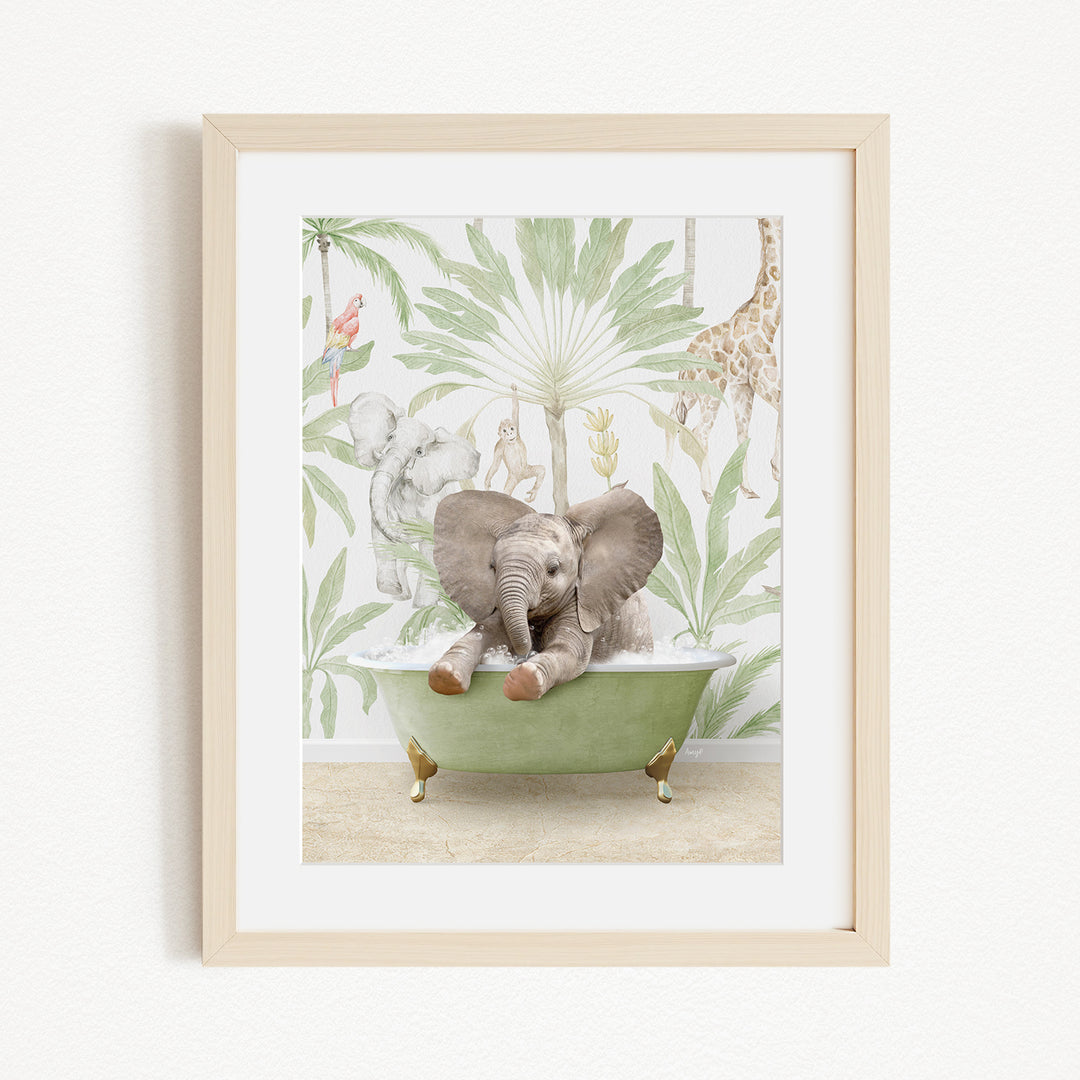 A framed print depicting a baby elephant sitting in a green bathtub, surrounded by a tropical jungle scene with various animals.