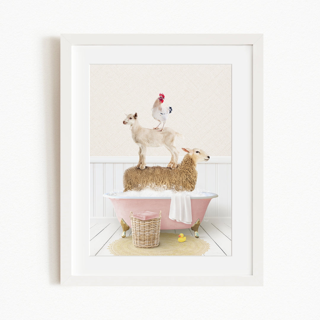A framed image depicting a goat standing on top of a sheep in a pink bathtub, with a rooster perched on the sheep's back.