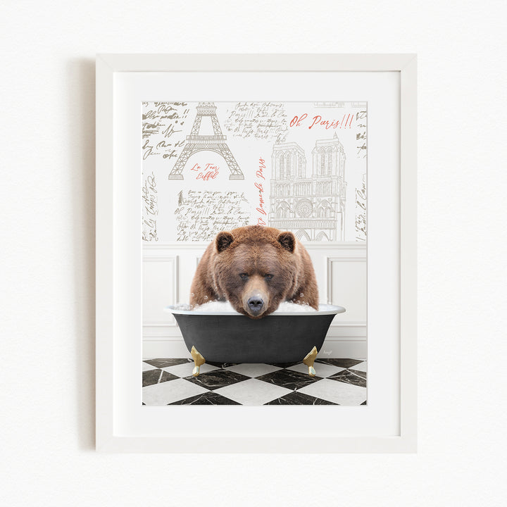 A brown bear is sitting in a bathtub filled with water, surrounded by various architectural drawings and text.