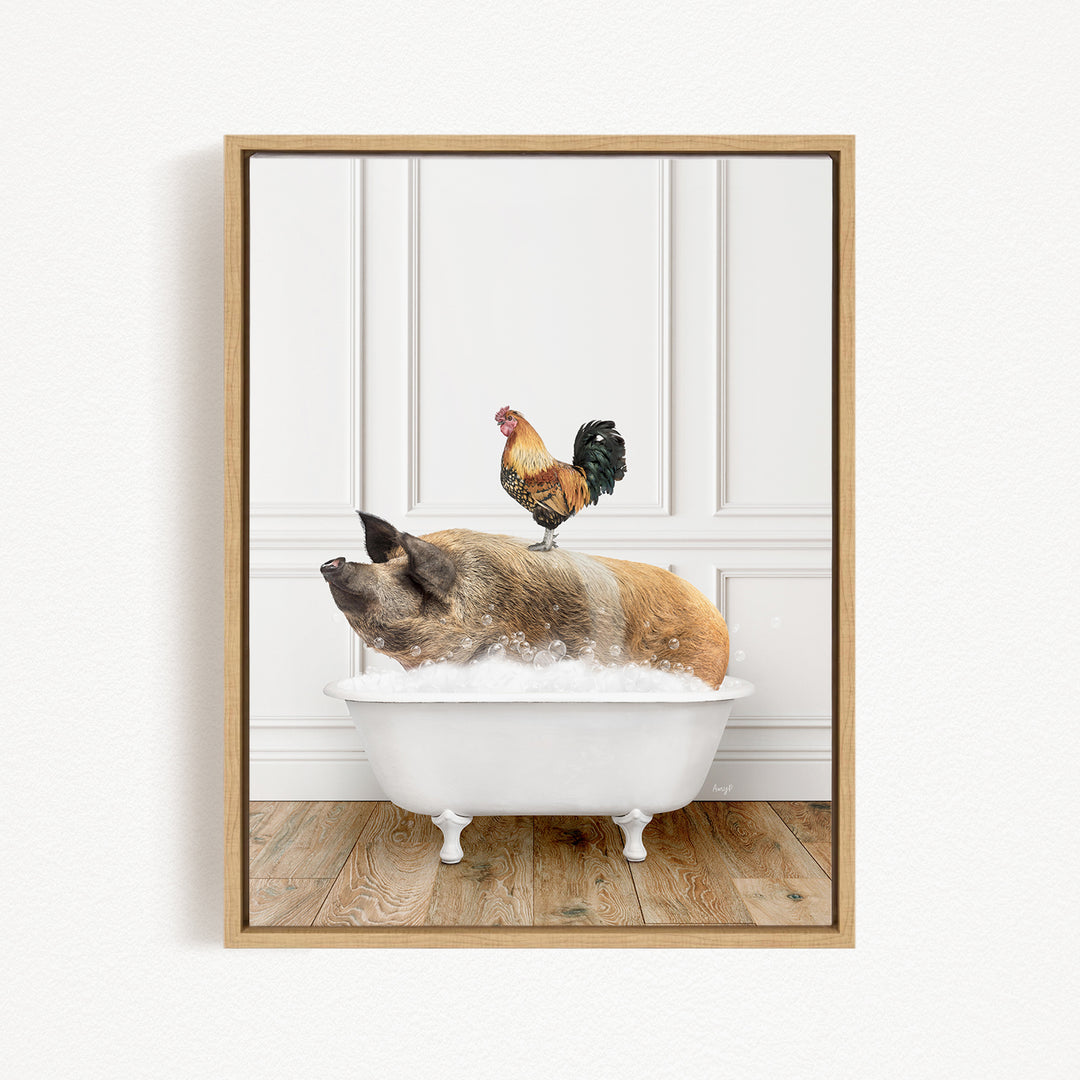 A rooster stands on a pig's back in a white bathtub, creating a whimsical and humorous scene.