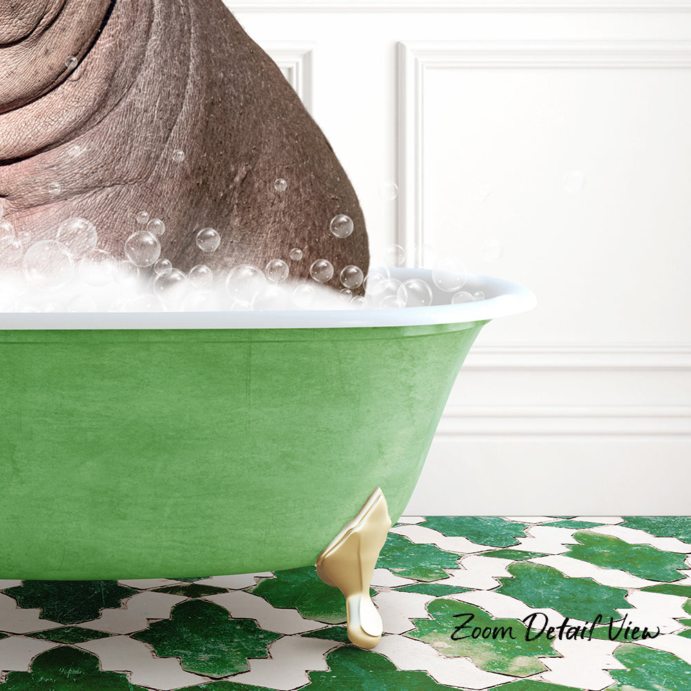 A green bathtub filled with bubbles, with a brown object partially submerged in the water.