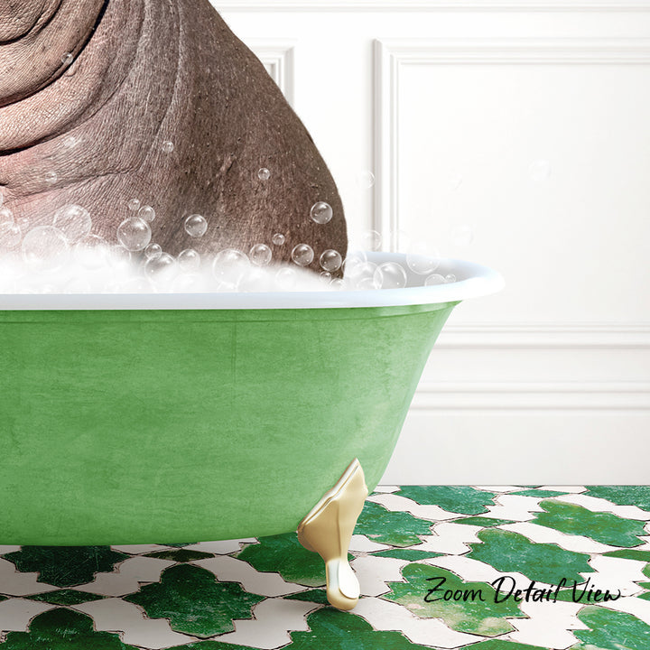 A green bathtub filled with bubbles, with a brown object partially submerged in the water.