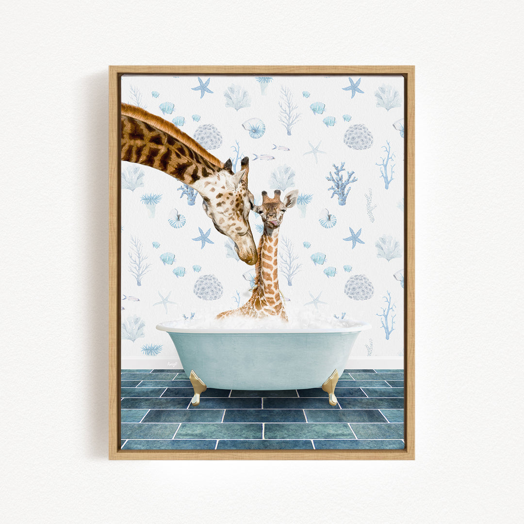 A giraffe and a baby giraffe are enjoying a relaxing bath in a white bathtub, surrounded by a blue and white patterned wall.