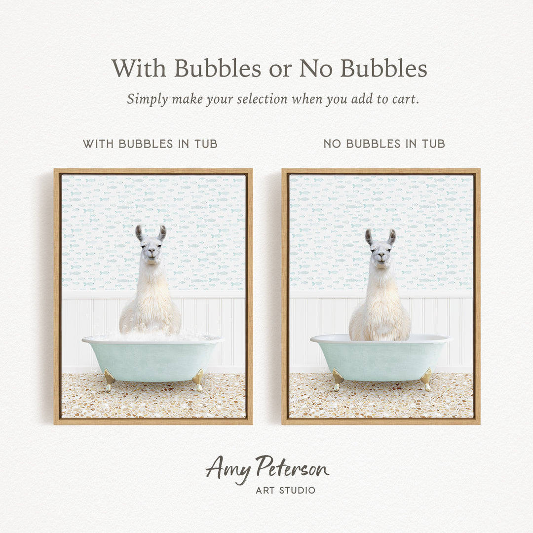 The image is a collage of two framed pictures, each featuring a white llama sitting in a bathtub. The text above the images reads "With Bubbles or No Bubbles" and below the images, it says "Simply make your selection when you add to cart."