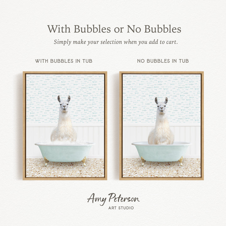 The image is a collage of two framed pictures, each featuring a white llama sitting in a bathtub. The text above the images reads "With Bubbles or No Bubbles" and below the images, it says "Simply make your selection when you add to cart."